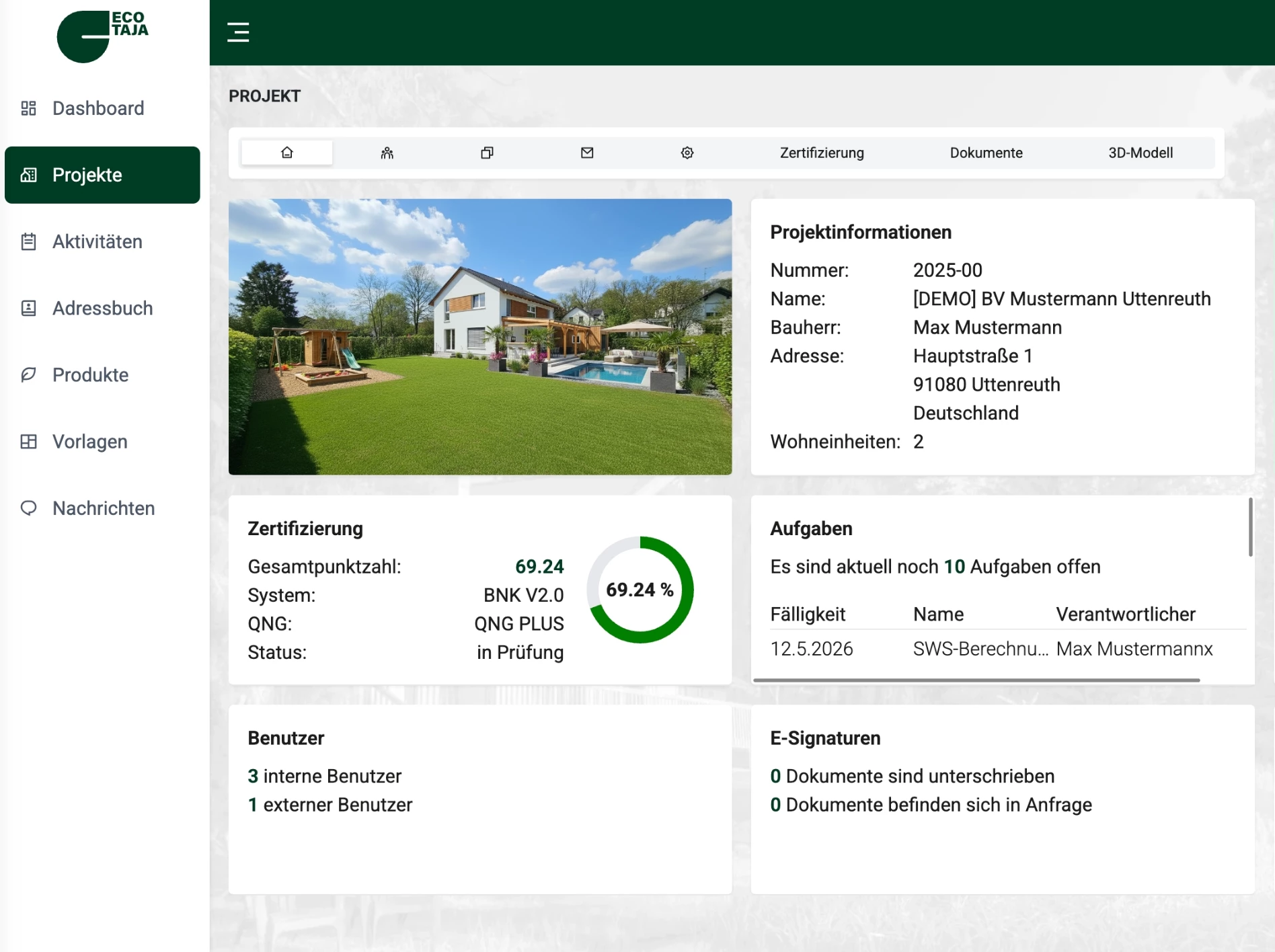 Dashboard-Ansicht der ECO TAJA Software mit Projektübersicht, Zertifizierungsstatus und Aufgabenliste für Nachhaltigkeitsauditoren